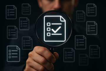 Close-up of hand holding magnifying glass focusing on digital checklist icon, symbolizing document validation, quality assurance, and auditing process in modern digital workflow
