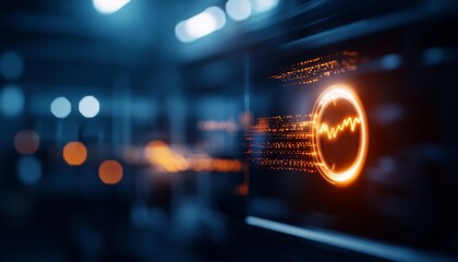 A vibrant abstract representation of sound waves in motion, showcasing an orange waveform against a blurred blue and dark background.