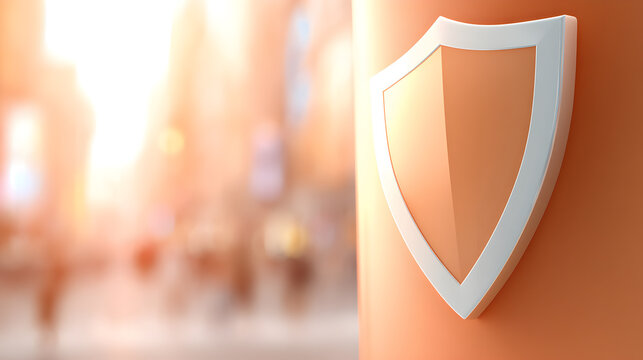 Security shield on a blurred city background.  The shield symbolizes safety, protection, and security in an urban environment.