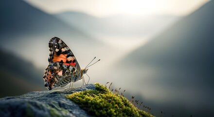 Obraz premium Colorful Butterfly Resting on Mossy Rock Mountain Scenic Landscape