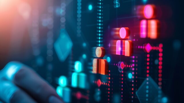 A digital interface displaying colorful icons and data visualizations, highlighting user interactions and analytics. - Powered by Adobe