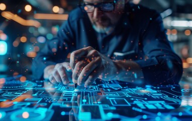 A person interacts with a digital interface displaying intricate circuit designs and glowing graphics, emphasizing technology and innovation.