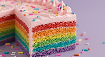 Rainbow Cake Slice with Pink Frosting and Sprinkles
