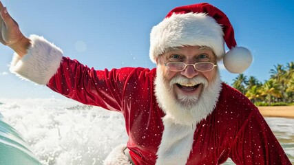 Santa claus in red suit surfing big wave at tropical beach, celebrating warm Christmas and winter holidays footage.