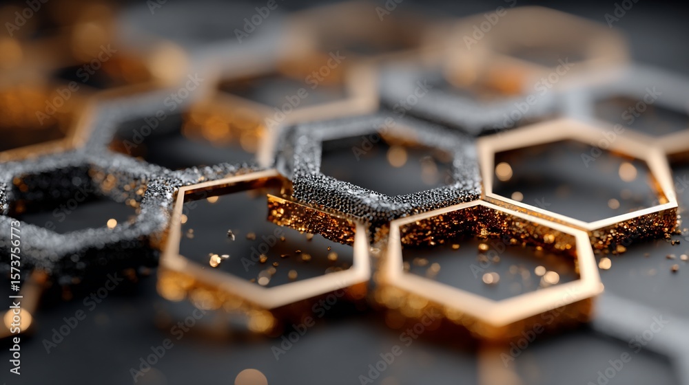 Fototapete abstract hexagons of gold and gray glitter form interconnected web on a dark surface