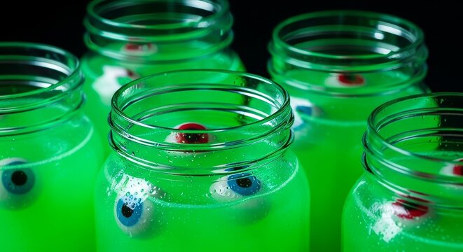 Spooky halloween eyeball drinks in glowing green jars for party decor and fun festivities