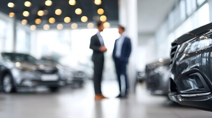 Salesman and group of men engaged in discussion negotiation and finance planning for a car purchase at a contemporary well lit dealership showroom