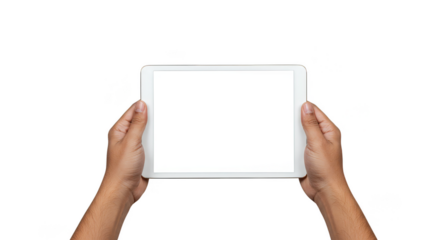 Hands Holding White Tablet Device Isolated on Transparent Background