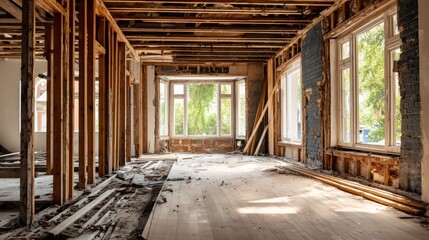 House Interior During Demolition and Renovation &ndash; Exposed Framing and Natural Light Through Window