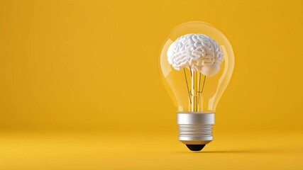 Illuminating Idea: A 3D-rendered lightbulb houses a meticulously crafted brain, set against a vibrant yellow background, showcasing the intersection of intellect and creativity.