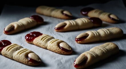 Spooky halloween finger cookies with almonds and blood-red jam for party celebrations