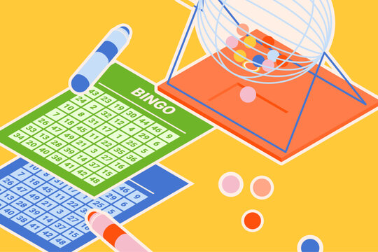 Isometric bingo game scene with card, ball machine, and pen &ndash; outlined version