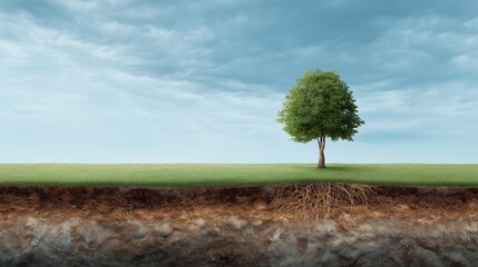 Obraz premium Green Tree with Visible Roots and Soil Layers – Nature Concept with Clean Left-Side Space for Text