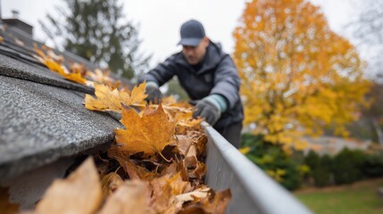 Man Cleaning Roof Gutter in Autumn – Close-Up Low Angle with Gloves and Fall Leaves