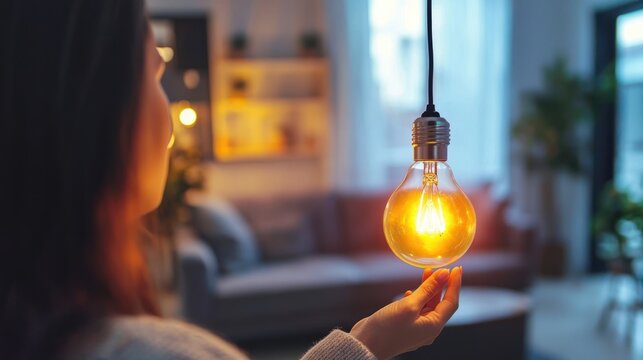 Woman Holding a Glowing Light Bulb in a Cozy Room