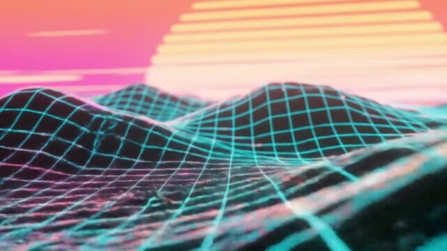 Geometric background with neon grid mountains and orange sunset, suitable for futuristic animations, digital retro wave designs, or high-tech ambient motion visuals in media projects.