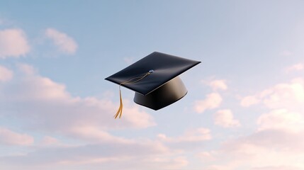 Graduation Cap Floating in a Blue Sky with Soft Clouds Background