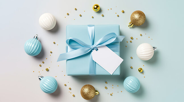 Light blue gift box with ornaments and gold confetti present white