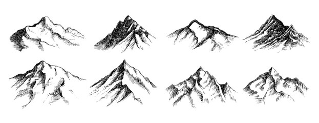 Hand drawn sketches of various mountain peaks on a clean white background.