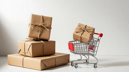 Brown paper wrapped gifts tied with twine beside a miniature shopping cart gift boxes delivery