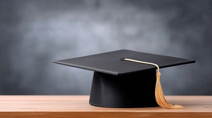 Classic Graduation Cap with Gold Tassel on Wooden Table Surface