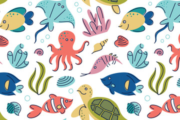 Flat cartoon vector pattern with bright underwater world elements for kids. Colorful marine background with octopus, stingray, fish, turtle, corals, seaweed. Childrens theme, textile design, education