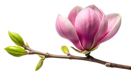 Fototapeta premium A beautiful pink magnolia flower with green buds on a branch, isolated on transparent background