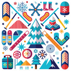 Obraz premium Winter Sports Gear and Snowy Landscapes A Festive Collection of Ski and Snowboard Icons