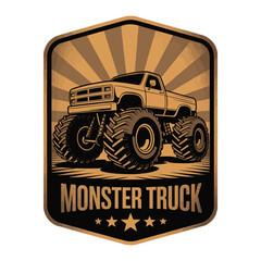 Rugged badge-style design with a lifted monster truck and retro stripes. Vector illustration design © DesignIMT