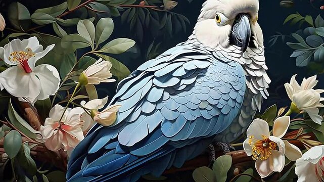 white parrots in Delfts Blauw realistis, highly detailed,ai generative