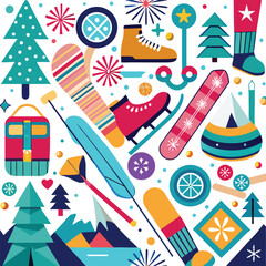 Winter Wonderland Festive Ski, Snowboard & Winter Sports Illustration
