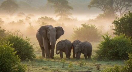 Majestic African Elephant Family in Misty Sunrise Savanna Landscape