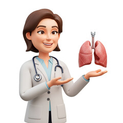 Illustration 3d Rendering of Doctor Presenting Healthy Lungs on Transparent