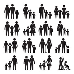 Black Silhouette Icons Diverse Family Units Parents Children Adults Disability Wheelchair