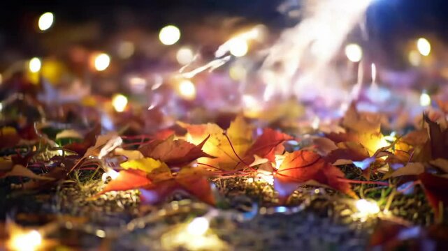 Autumn leaves and string lights on the ground at night