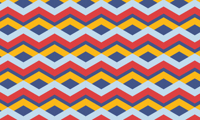 A vibrant geometric zigzag pattern featuring bold shades of red, navy blue, yellow, and light blue. The rhythmic design conveys energy and movement