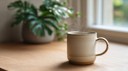 Warm Ceramic Coffee Mug on Wooden Table Near Sunlit Window with Green Plant