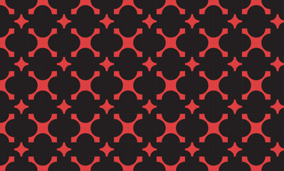 Seamless abstract geometric pattern with black clover-like shapes and red cross elements, modern retro style