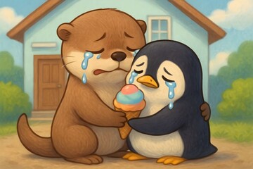 otter and penguin hugging goodbye while sharing an ice cream cone together.