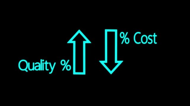 visual indicators of quality improvement and cost reduction, capturing the essence of modern business practices in a sleek, futuristic office setting.