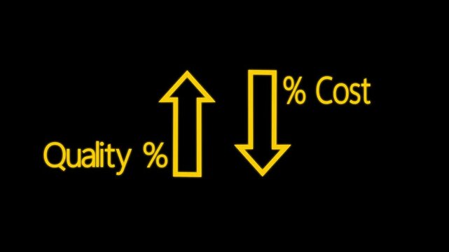 visual indicators of quality improvement and cost reduction, capturing the essence of modern business practices in a sleek, futuristic office setting.