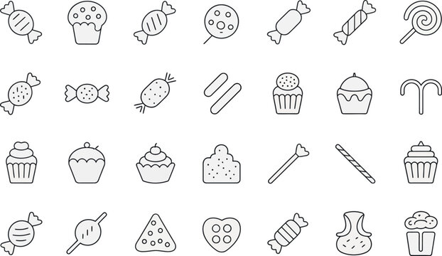 Vector sweets and candies icon set perfect for dessert shop logo and branding design