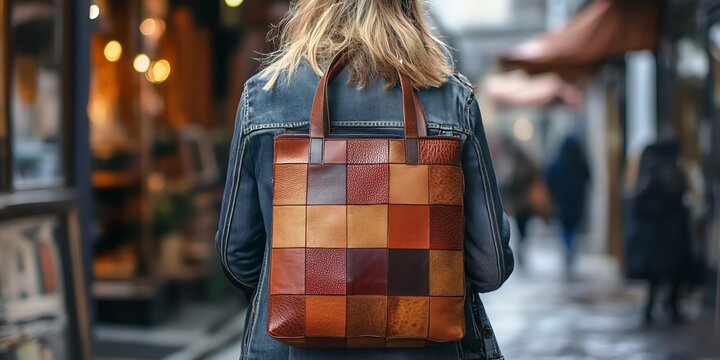Back View of Woman Wearing Denim Jacket with Square Pattern Leather Bag in Urban Market