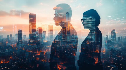 image features double exposure of two business professionals against city skyline, symbolizing ambition and collaboration