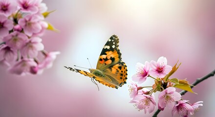 Obraz premium Flying Orange Butterfly Near Pink Blossoms in Soft Spring Sunlight