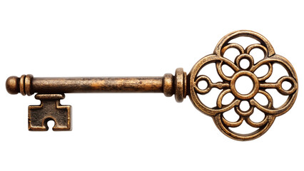 An antique ornate bronze skeleton key isolated on transparent background