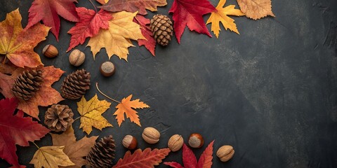Autumn harvest arrangement of colorful leaves pinecones and nuts on a dark textured surface