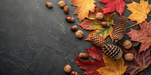 Autumn harvest arrangement of colorful leaves pinecones and nuts on a dark textured surface
