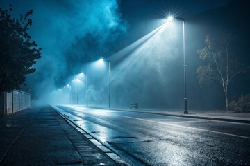 Eerie blue light pierces through foggy night trees illuminating a wet empty street with reflections