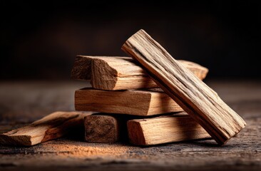 Aromatic wood stacks on a wooden surface
